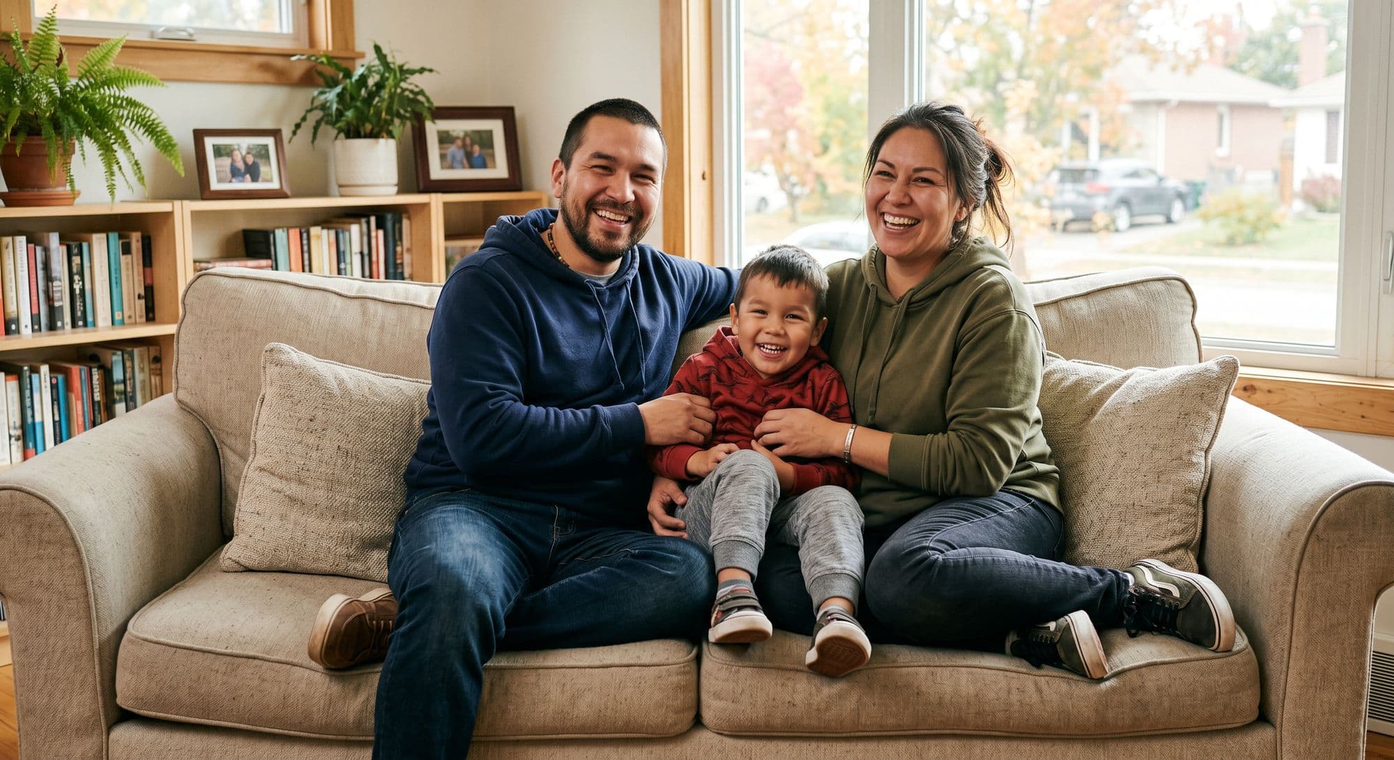 Smiling family on a sofa, representing family dental care at East River Dental