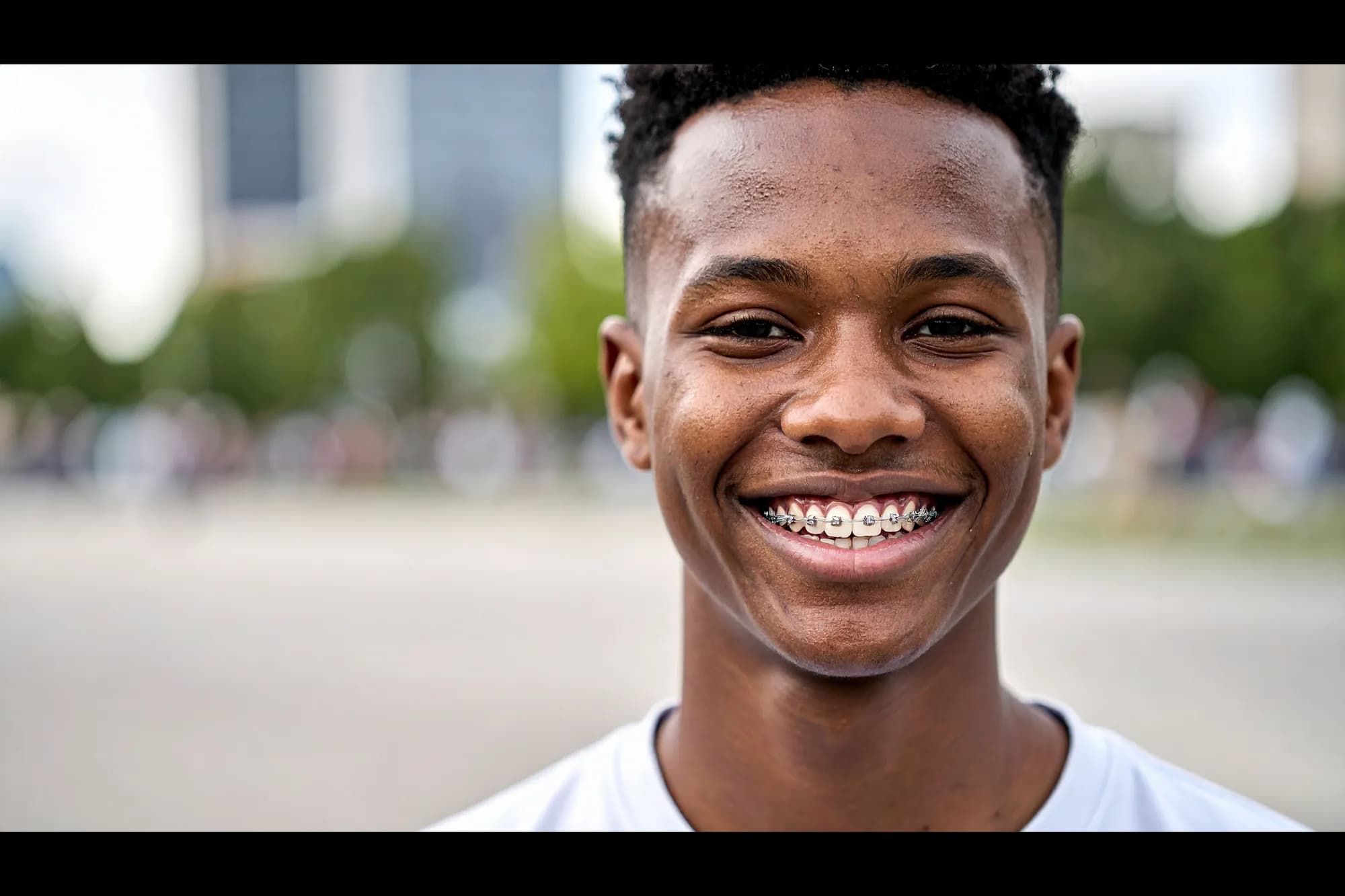 Smiling young man with braces, representing traditional braces treatment at East River Dental in Newmarket